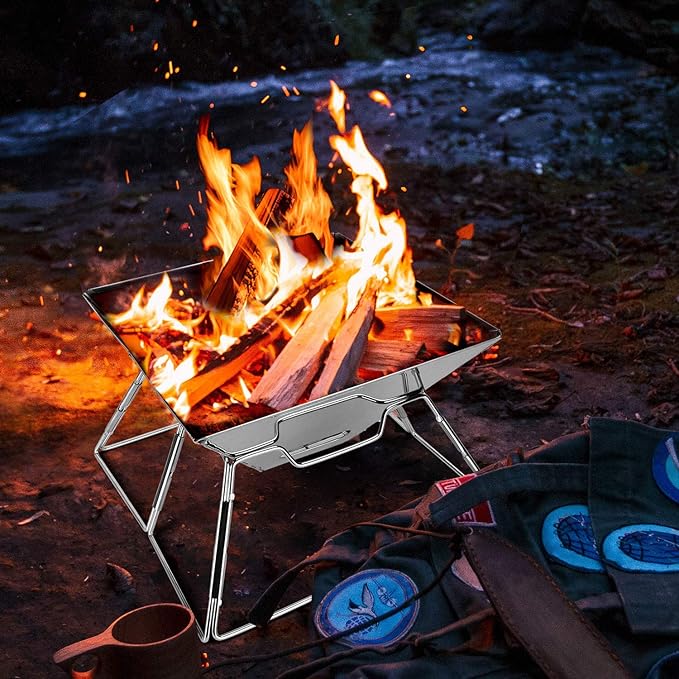 Odoland Folding Campfire Grill 304 Stainless Steel Grate Barbeque Grill Portable Camping Grill with Legs for Picnics Backpacking Outdoor with Carrying Bag and Kitchen Tongs