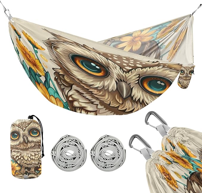ALAZA Cute Owl Flowers Camping Hammocks Single or 2 Person 500 lbs Portable Parachute Travel Hammock w/Tree Straps for Hiking Backpacking Indoor Outdoor