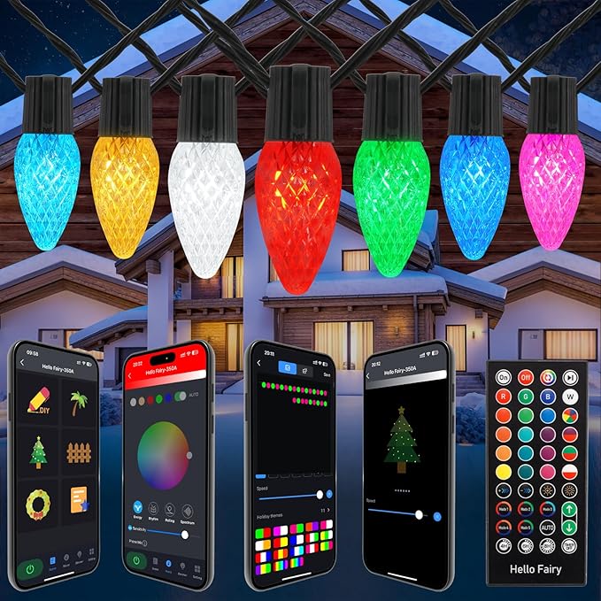 Christmas Outdoor Lights C9 33FT 50 LEDs Smart APP Remote Control RGB String Lights Plug in DIY Chasing Xmas Lights Color Changing with Timer &amp Music Sync for Holiday Xmas Tree Decoration
