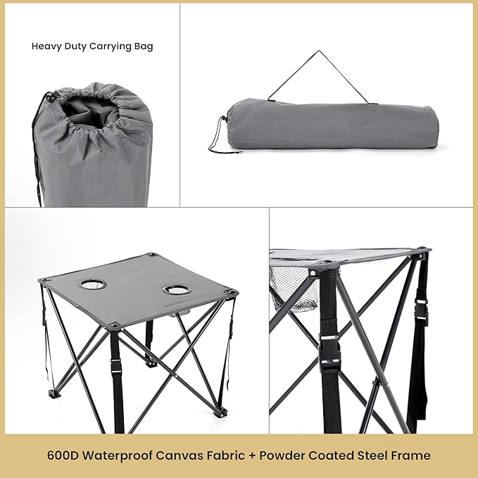 ARROWHEAD OUTDOOR 26” (66cm) Portable Camping Folding Table 2 Cup Holders Square Carrying Case Steel Frame High-Grade 600D Canvas