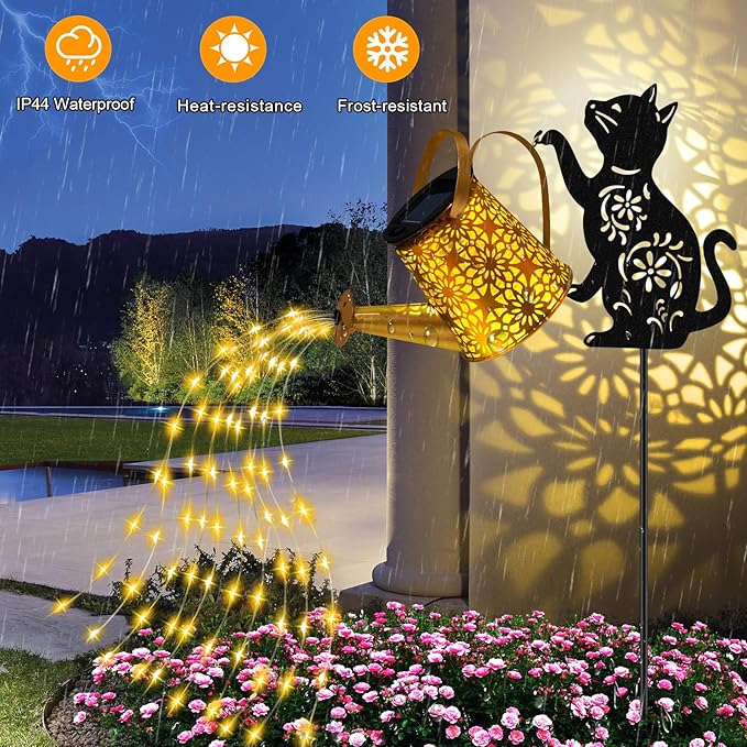 Solar Lights Outdoor Decorative Watering Can with Cascading Lights with Cat Silhouette Garden Stakes Gifts for Mom Women Waterproof Metal Garden Decor for Yard Art Outside Patio Lawn Ornaments