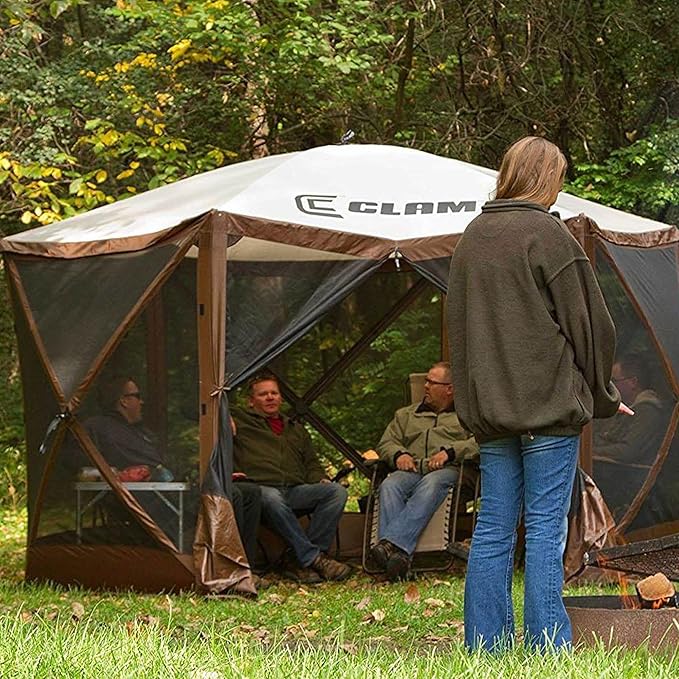 CLAM Pop Up Screen Tent Outdoor Camping Gazebo Canopy Escape 11.5' Brown - Heavy-Duty Portable Screened Shelter with Netting for Beach Patio and Backyard