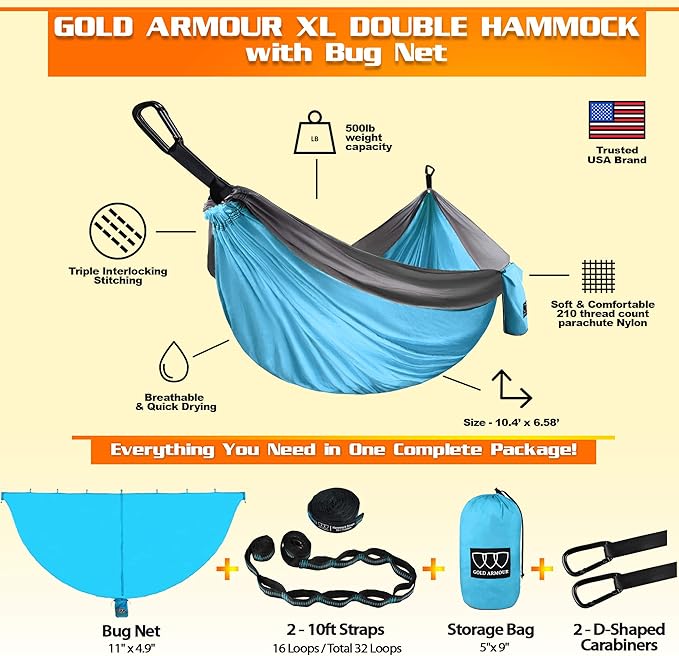 Gold Armour Camping Double Hammock with Mosquito Net Set (Removable) - Double Parachute Hammock USA Based Brand Lightweight Adults Kids Camping Accessories Gear (Light Blue &amp Gray)