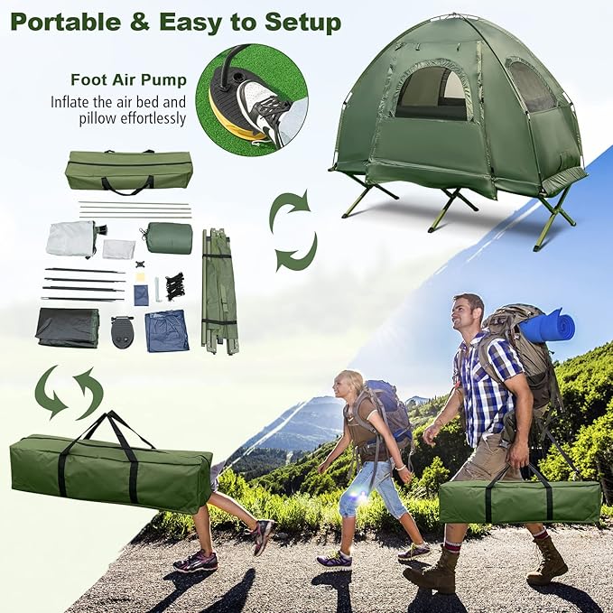 Safstar 5-in-1 Tent Cot Camping Cot Tent with Air Mattress Sleeping Bag Camping Cot Awning &amp Air Pillow Carrying Bag Off The Ground Tent Elevated Tent Cot for Camping Hiking Picnic Travel