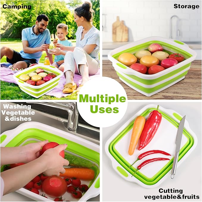 2 Pack Collapsible Cutting Board Foldable Dish Tub with Draining Hole Portable Chopping Board with Colander 3 in 1 Multifunction Camping Sink for Washing Dish Bowl Vegetables and Fruit