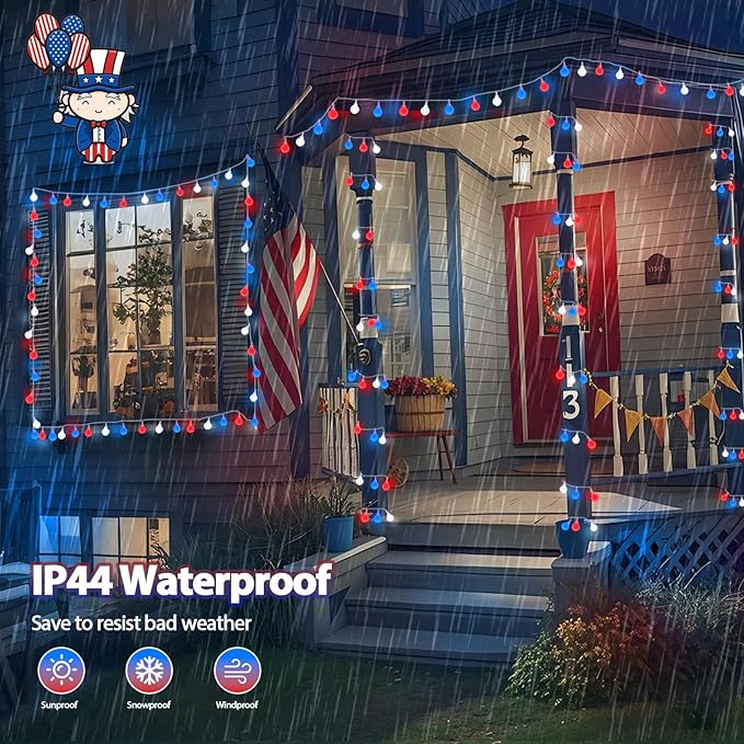 Connectable Red White and Blue String Lights Outdoor Indoor 42FT 100LED 4th of July Decorations Plug in with Timer 13 Modes Patriotic Globe Waterproof Fairy Lights for Independence Day Memorial Day