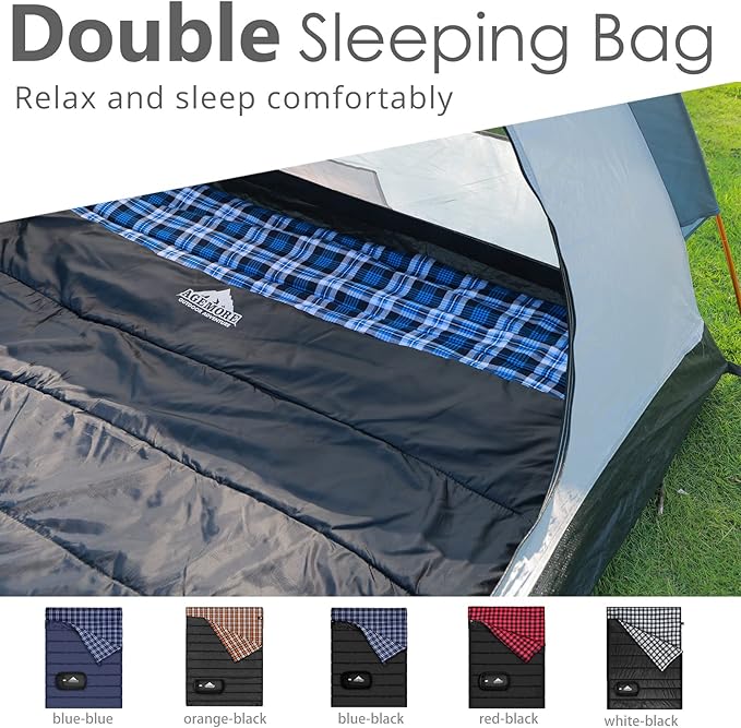 AGEMORE Cotton Flannel Double Sleeping Bag for Camping Backpacking Or Hiking. Queen Size 2 Person Waterproof Sleeping Bag for Adults Or Teens. Lightweight with Compression Sack