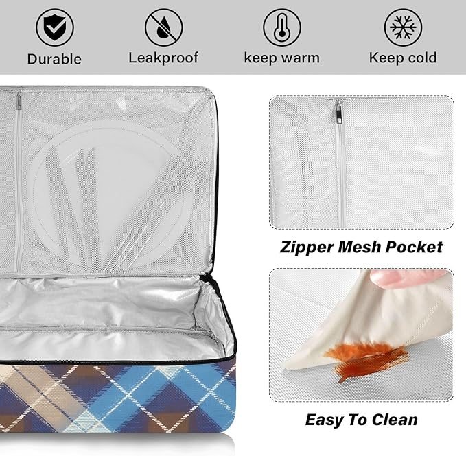 Casserole Carrier Blue Brown Tartan Insulated Casserole Carrier for Hot or Cold Food Thermal Lunch Tote for Parties Picnic Travel Carry Bag