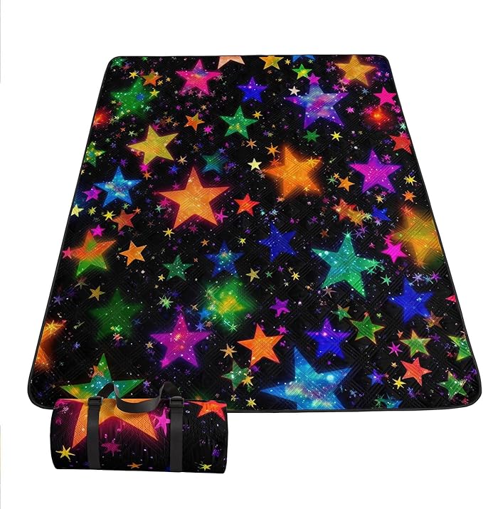 Outdoor Picnic Blanket Portable Ultrasonic Waterproof Picnic Cartoon Stars Colorful Printed Camping Beach Mat for Sand and Wet Grass Hiking (Colorful Stars-2 L