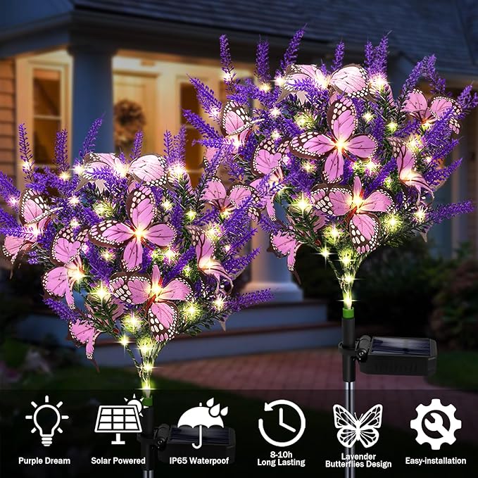 Solar Garden Lights Outdoor 4 Pack Purple Lavender Solar Butterfly Lights Gardening Gifts for Women Artificial Flower with Butterfly Purple Garden Decor for Lawn Patio-Warm White