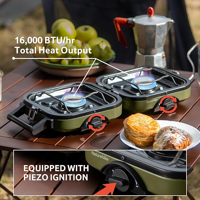 Naturehike 2 Burner Folding Camping Stove Portable Propane Gas Stove with Carry Bag 16000 BTU High-Performance Camp Stove with ETL Certification Adjustable Burners &amp Piezo Ignition