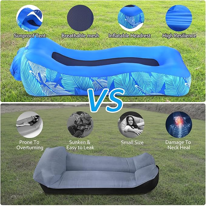 Inflatable Lounger Air Sofa with Unique Sun-Shade Design Inflatable Beach Bed with Pillow Waterproof Inflatable Couch Camping Chair Hammock for Hiking Backyard Travel Beach Park Picnics