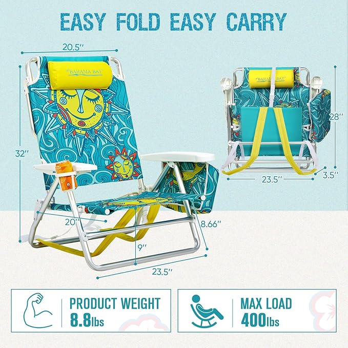 Old Bahama Bay Backpack Beach Chair 2 Pack Aluminum Lightweight Reclining 5-Position Lounge Chair for Adults Heavy Duty Support 400 LBS Portable Folding with Cooler Bag Camping Chair for Sand Outdoor