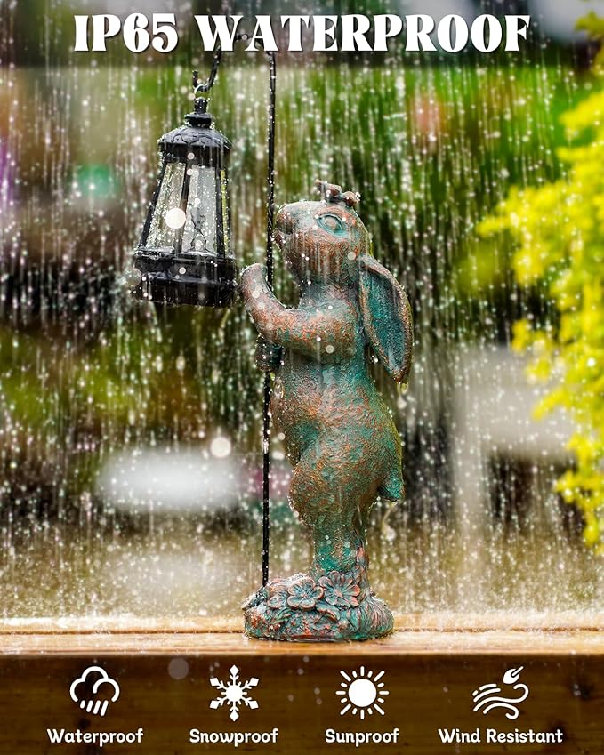Garden Statues Outdoor Bunny with Solar Lantern – Rabbit Yard Decor Waterproof Resin Figurine Pathway Light for Lawn &amp Patio