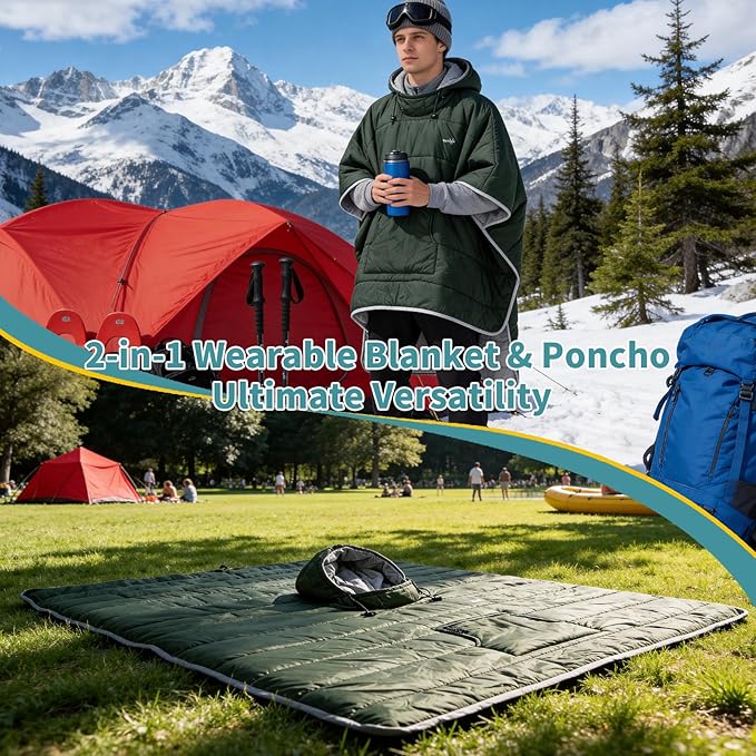 Tentock Wearable Blanket Sleeping Bag Waterproof &amp Machine Washable Poncho with Hood for Stadium Camping Wheelchair Use
