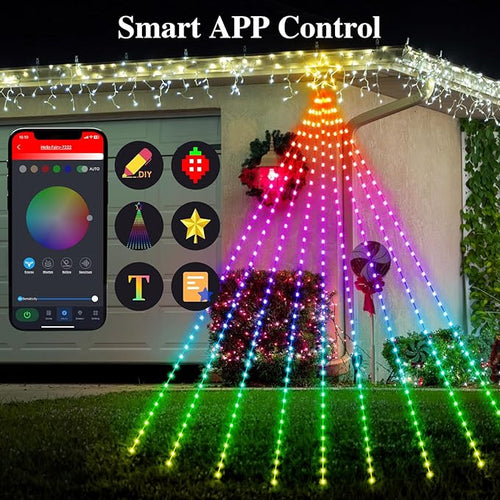 11.8 FT Christmas Decorations Outdoor Star String LightsSmart APP Remote Control RGB Color Changing DIY 344 LED Waterfall Lights for Garden Yard Outdoor Xmas Decorations