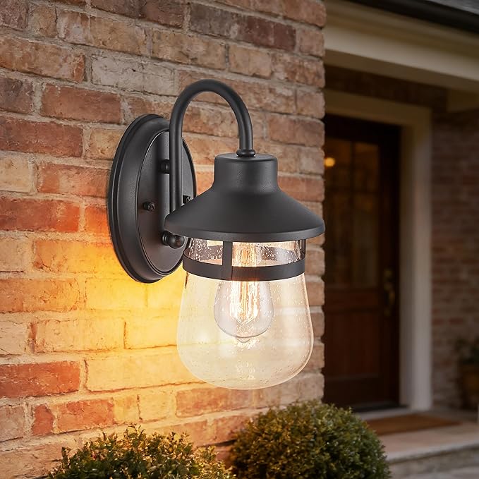 Classic Outdoor Porch Lights Wall Mounted Textured Black Clear Seeded Glass Waterproof and Anti-Rust Exterior Lights for Patio Yard House Hallway Doorway and Garage.
