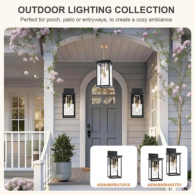 TODOLUZ 3-Lights Large Outdoor Pendant Light Waterproof Exterior Height Adjustable Hanging Lighting with Seeded Glass Panel &amp E26 Bulb Base Modern Porch Ceiling Lamp for Porch Patio Garden