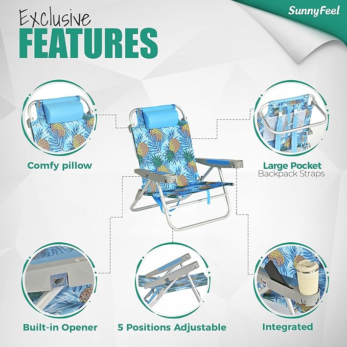 SUNNYFEEL Extra Wide 28 Low Beach Chair 5 Position Lay Flat XL Oversized Portable Folding Camping Chairs with Cup Holder for Outdoor/Trip Lightweight Foldable Backpack Beach Chair for Adults