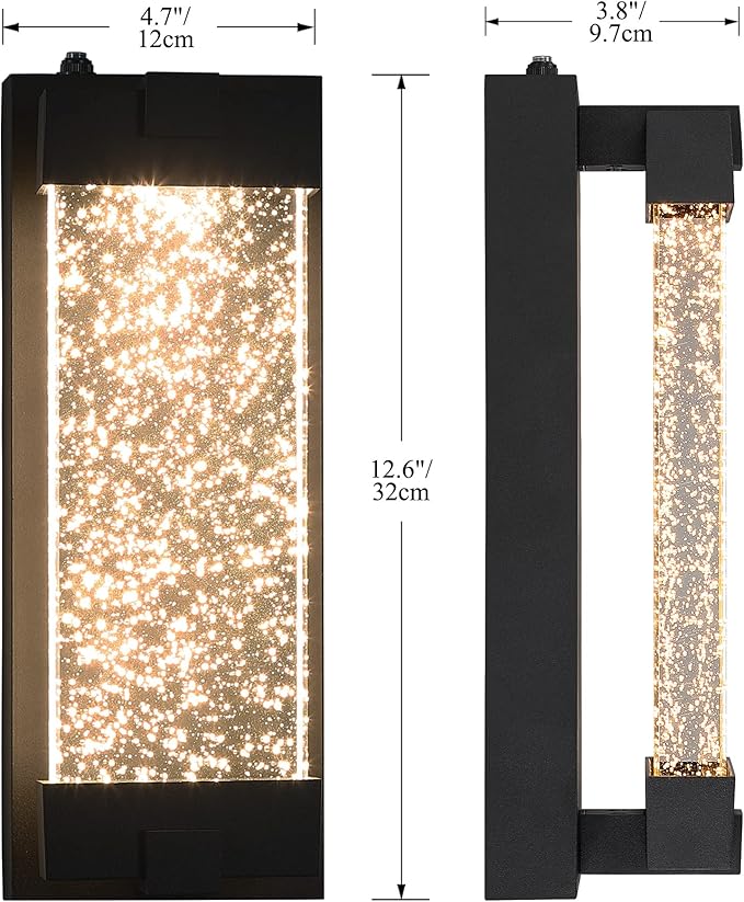 Black Wall Sconce with K9 Crystal Bubble and Dusk to Dawn Sensor Exterior LED Wall Mounted Light Modern Porch Lantern Light Fixture for Indoor and Outdoor