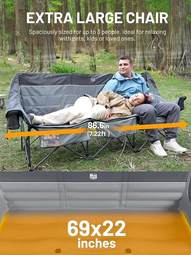 Timber Ridge 3 Person Camping Chair Supports to 1050lbs Portable Camp Couch Padded Camping Chairs Outdoor Oversized Folding Loveseat Perfect for Campsites Patio/Lawn Soccer Games Grey