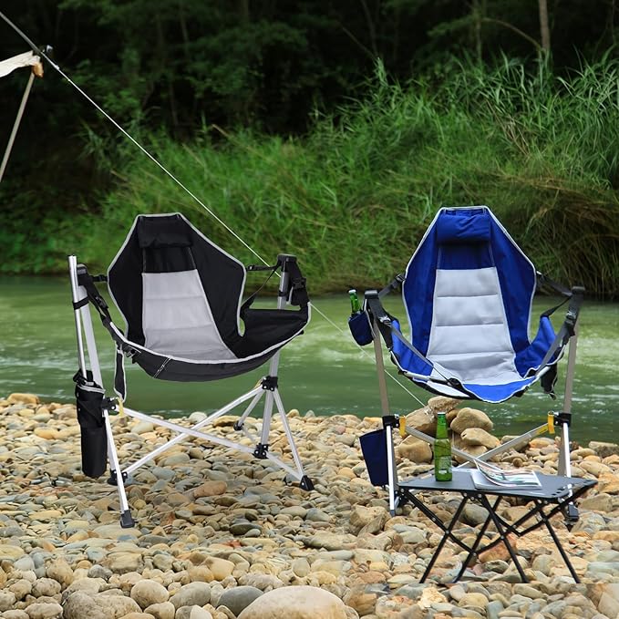 Romswi 2-Pack Aluminum Hammock Chair with Footrest Oversized Portable Folding Swinging Chair with Adjustable Back &amp Seat Lightweight Rocking Camp Chair Supports 440lbs for Outdoor Patio - Black
