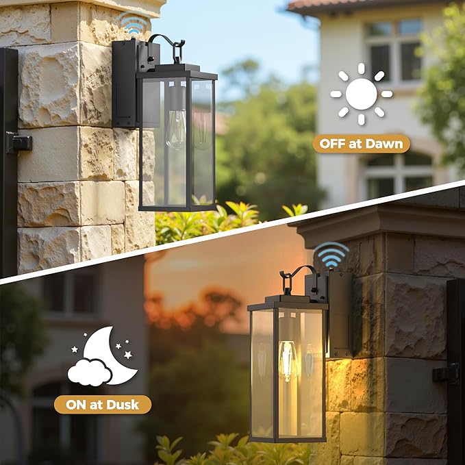 DORESshop Upgraded Dusk to Dawn Outdoor Wall Lights with GFCI Outlets 16 Inch Matte Black Waterproof Anti-Rust Outdoor Light Fixtures with Clear Glass Exterior Light Fixtures for Porch Garage ETL