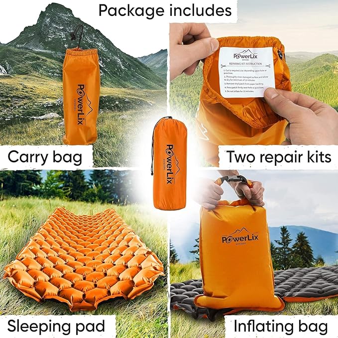 POWERLIX Ultralight Inflatable Camping Sleeping Pad - Camping Mattress for Backpacking Hiking Compact Lightweight Sleeping Mat for Camping Inflation Bag/Repair Kit Included