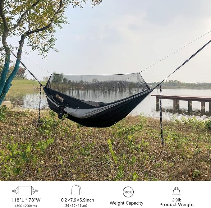 Sunyear Camping Hammock with Net &amp Rain Fly - Portable Double Hammock with Tree Straps + Waterproof Tarp for Backpacking Hiking Outdoor Survival