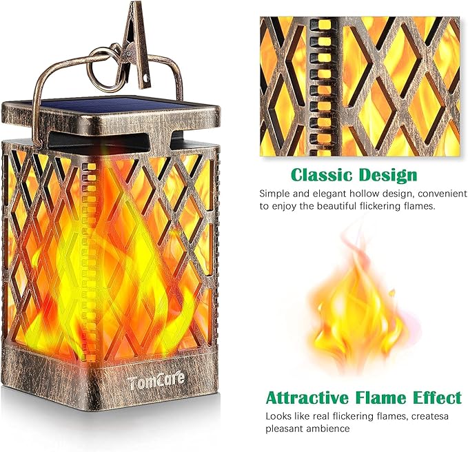 TomCare Solar Lights Outdoor Flickering Flame Solar Lantern Outdoor Hanging Lanterns Decorative Outdoor Lighting Solar Powered Waterproof LED Flame Lights for Patio Garden Deck 2 Pack(Bronze)