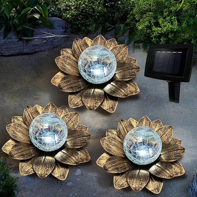 LEWIS&ampWAYNE Solar Garden Lights Outdoor 3 Pcs Coppery Lotus Flower Pathway Lamps with Cool White Crackle Glass Globe Led Lights for Patio Pathway Yard Balcony Garden Decorations