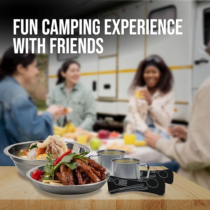 Stainless Steel Camping Mess Kit - Person's Complete Picnic &amp Camp Dish Set Includes Plate Bowl Cup &amp Utensils