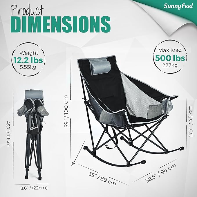 SUNNYFEEL Oversized Rocking Camping Chair Fully Padded Patio Chair with Side Pocket High Back Portable Lawn Recliner with Headrest Outdoor Camp Rocker Chairs for Adults Heavy Duty 500 LBS Carry Bag