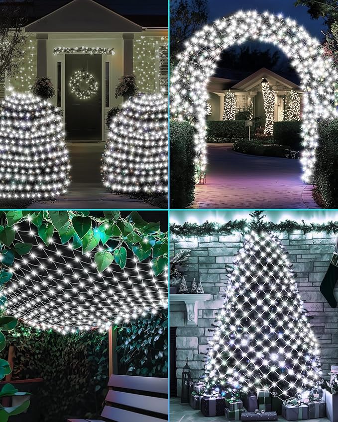 Coroor 12ft x 5ft Christmas Net Lights 360 LED Lights with 8 Modes Connecable Timer Waterproof Outdoor Bush Mesh for Home Garden Wedding Yard Decorations - Cool White