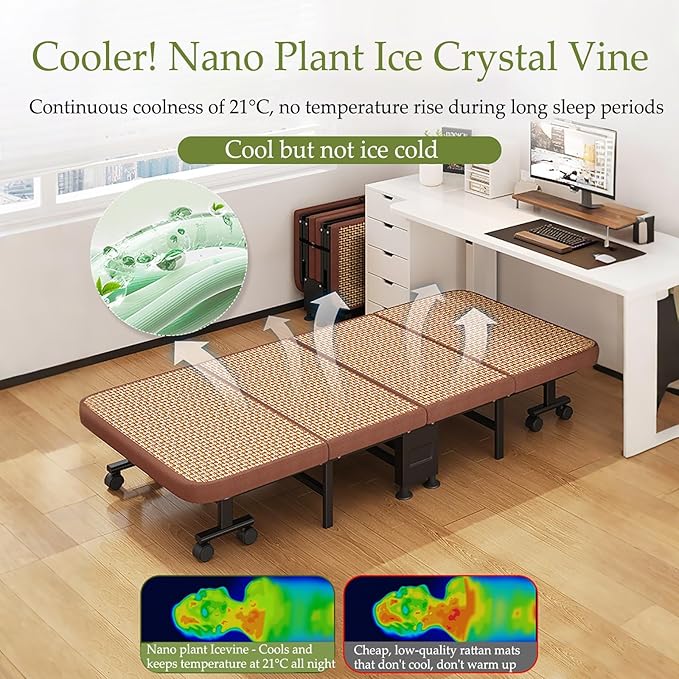Folding Bed Single Camping Bed Space Saving Rattan Woven Mattress Fabric 360° Noise Reduction Universal Wheels 60/70/80/90x190CM Load Capacity 240KG(60cm)
