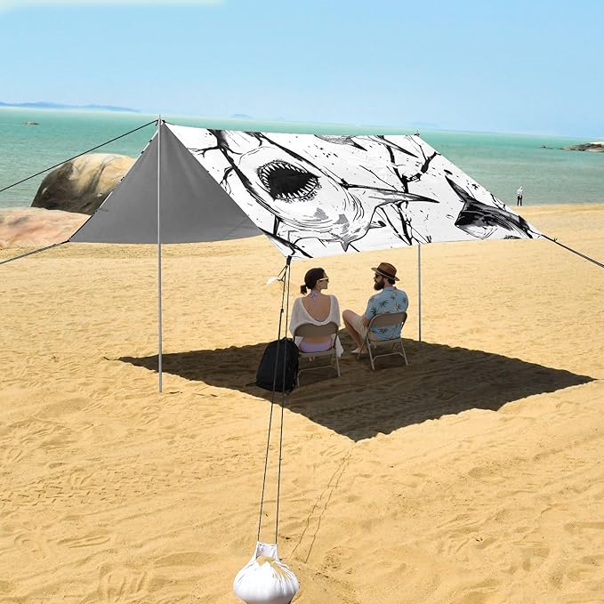 Shark Pattern Beach Tent Sun Shelter 9.2' x 10.5' Beach Canopy with 4 Sandbags 4 Stability Poles Sand Shovels - Tent Canopy for Beach Camping Fishing Picnics