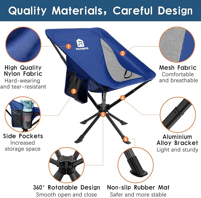 Portable Camping Chair 2 Pack 8 Seconds Quick Setup Folding Camping Chair Flexible 360° Rotation 3.8Lb Lightweight Travel Chairs for Easy Carry to Hiking Sporting Beach Blue