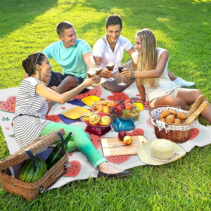 Waterproof Sandproof Beach Blanket 59''×68'' Frui Polyester Outdoor Picnic Blanket with 4 Stakes &amp Storage Bag for BeachCampingVacation Love Watermelon