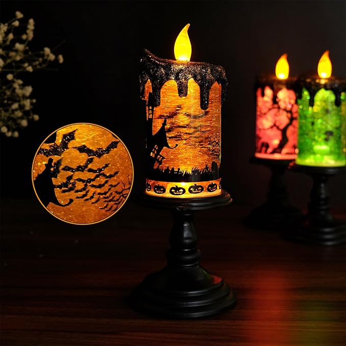 Eldnacele Halloween Snow Globe Candles Lighted Lamp Battery Operated Spooky Spinning Water Glittering Tornado Candle Flameless Candles Table Centerpiece for Halloween Decoration Indoor(Castle)