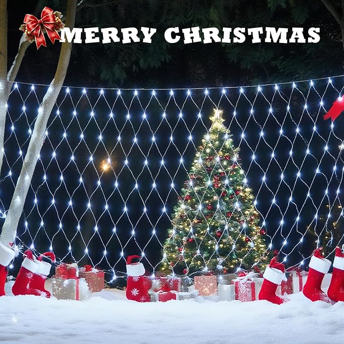 YEGUO Net Lights Outdoor Mesh Lights 12ft x 5ft 360 LED White Bush Light Outdoor Waterproof 8 Modes Connectable Clear Wire Christmas Light Plug in