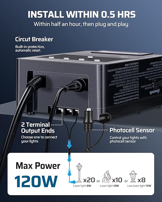 DEWENWILS 120W Low Voltage Landscape Transformer with Timer &amp Photocell Sensor 120V AC to 24V DC Low Voltage Transformer Weatherproof Landscape Lighting Transformer for Garden Lights Pathway Lig