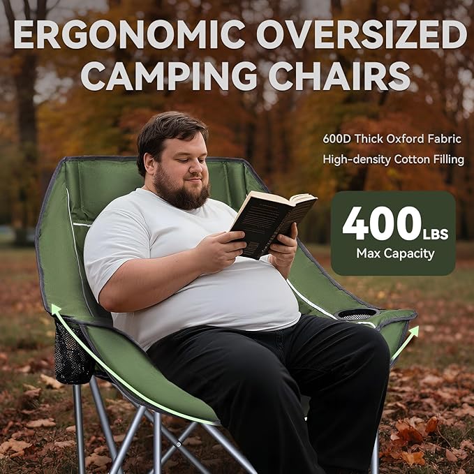 Oversized Camping Chair Portable Folding Padded Camping Chairs with Cup Holder and Carry Bag Heavy Duty Outdoor Camping Chairs for Adults Up to 400Lb for Fishing Sports (Green-2 Pack)