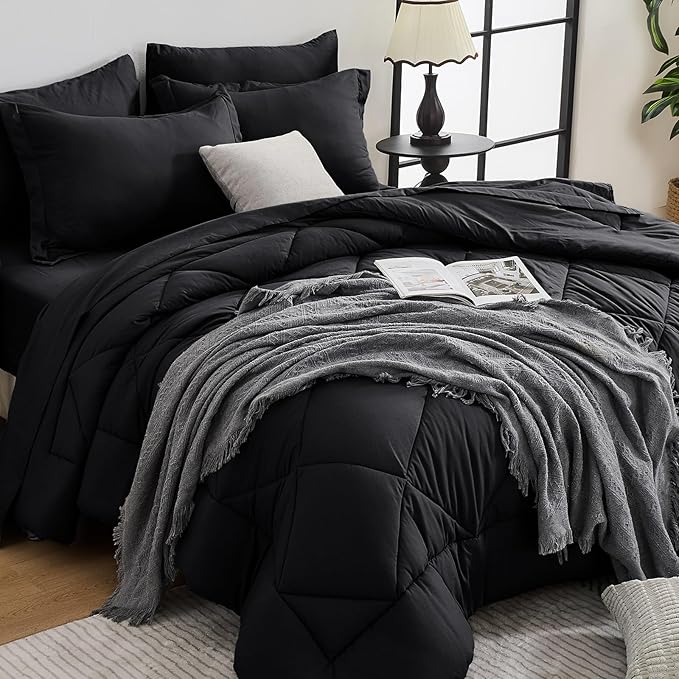 HEVUMYI Black 120x98 Oversized King Comforter Set - 7-Piece All Season Bed in a Bag Oversized King Ultra Soft Bedding Set with 120 x 98 Comforter Flat Sheet Fitted Sheet Pillowcases Pillow Shams