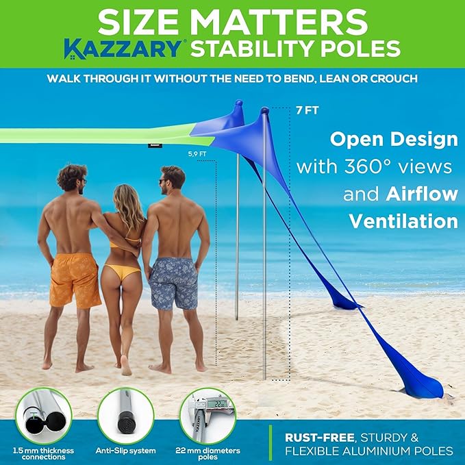 Beach Tent UPF50+ Sun Shade Canopy with Sandbags 4 Stability Poles Ground Pegs Flying Disc Sand Shovel Lightweight Sunshade Shelter 7ft Tall for Outdoor Trips Camping and Sports