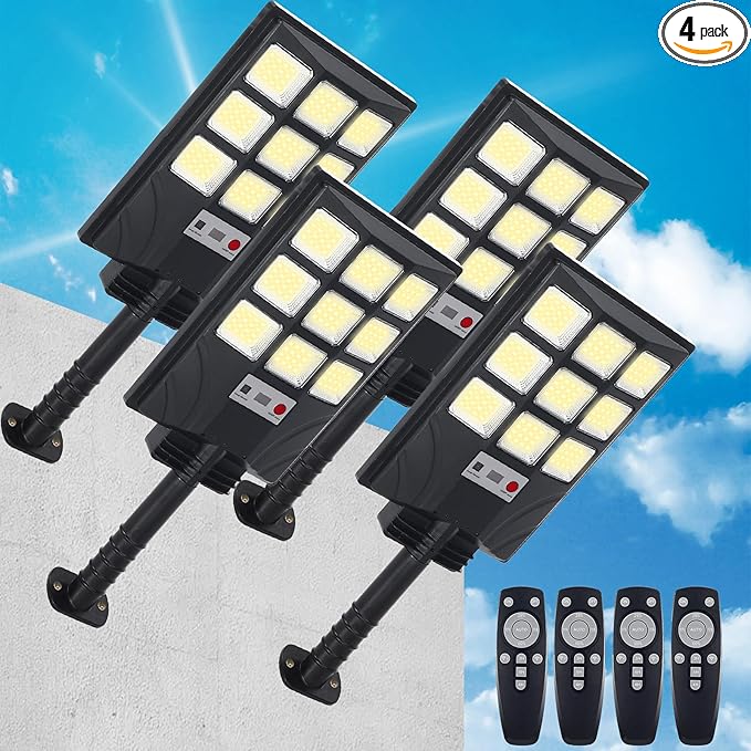 Retisee 4 Pack Solar Street Lights Outdoor Waterproof IP 65 240° Wide Angle Solar Streetlights Outdoor Pole Lights with Motion Sensor Remote Dusk to Dawn Control for Garage Yard Driveway Pathway