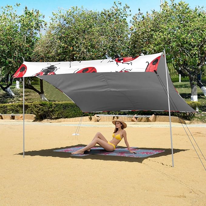 Lady Bug Pattern Beach Tent Sun Shelter 9.2' x 10.5' Beach Canopy with 4 Sandbags 4 Stability Poles Sand Shovels - Tent Canopy for Beach Camping Fishing Picnics