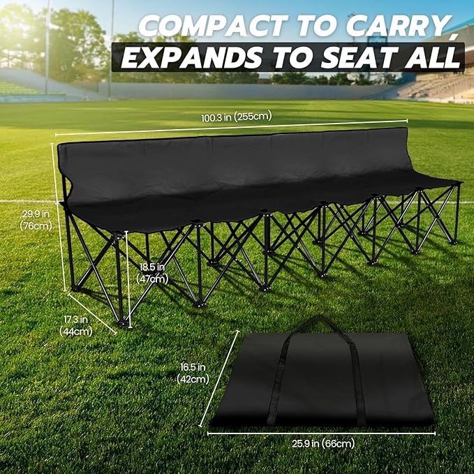 Flexzion Portable Folding Bench Seat 6 Seater Collapsible Soccer Bench Portable Bench Seats for Bleachers Camping Sideline with Back Rest and Carrying Bag Black