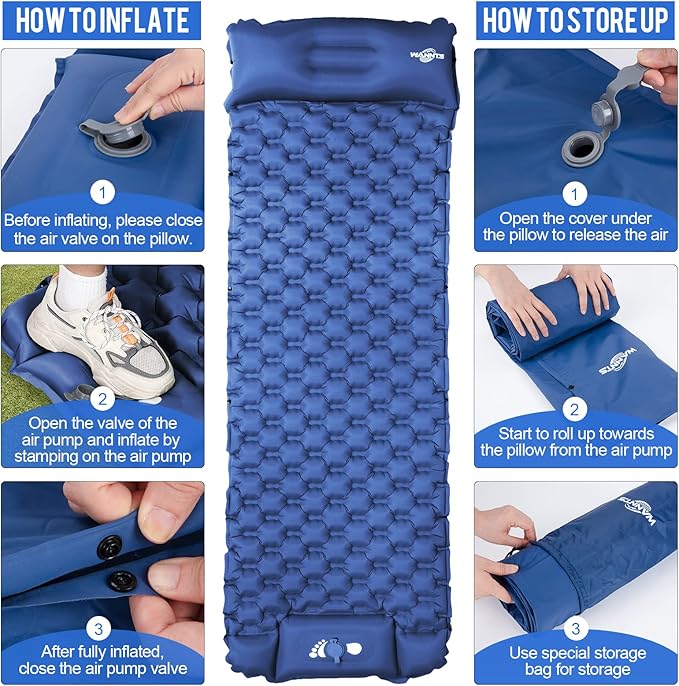 WANNTS Sleeping Pad Ultralight Inflatable Sleeping Pad for Camping Built-in Pump Ultimate for Hiking - Airpad Carry Bag-Compact &amp Lightweight Camping pad(Blue)
