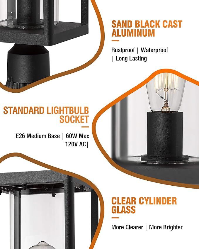 Beionxii Outdoor Post Lantern 20inch Large Modern Lamp Post Light Fixture Exterior Pillar Lights with Pier Mount Base Black Cast Aluminum w/Clear Cylinder Glass - A291P-2PK (NOT Solar 110-120V AC)