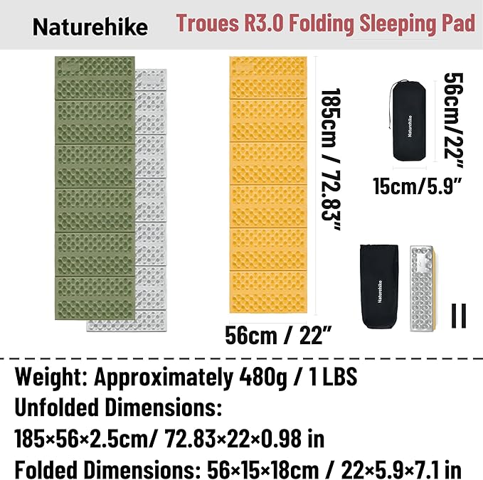 Naturehike Ultralight Foam Sleeping Pad - R1.8/R2.6/R3.0 Closed Cell Mattress Thick Portable Folding Mat for Backpacking Waterproof &amp Compact for Camping Hiking Travel and Car Camping